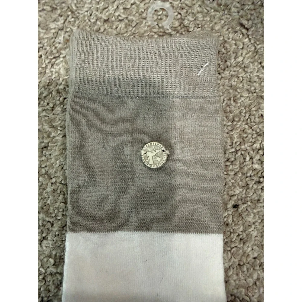 Birkenstock Crew Socks White‎ Taupe Grey Colorblock Metal Logo Button Size 35 EU